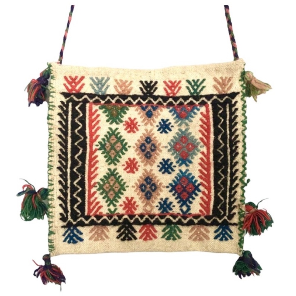 Vintage Handmade Turkish Tribal Style Multi Color Embroidered Crossbody Bag Poms